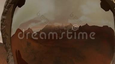 火星上的殖民地。 宇航员坐在火星上欣赏风景。 探索火星任务。 未来殖民